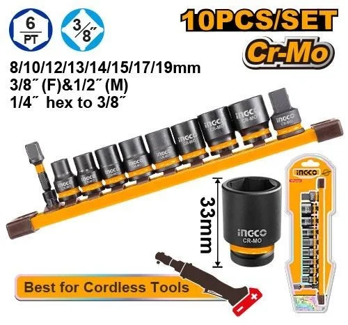 INGCO HKISSD38104 10-Piece 3/8 Inch Drive Impact Socket Set | Cr-Mo Steel | 8-19mm | Adapters & Storage Box