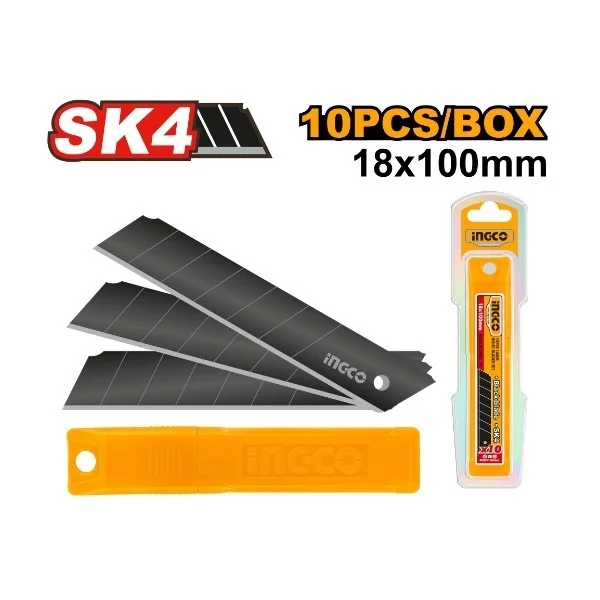 INGCO HKNCB181 10-Piece 18mm Knife Blade Set | 100mm SK4 Steel | Black High-Tempered Blades