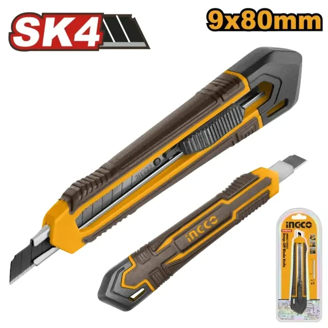 INGCO HKNS110925 9mm Snap-Off Blade Knife | 140mm Auto-Lock Cutter | SK4 Blade | Flat Push Button