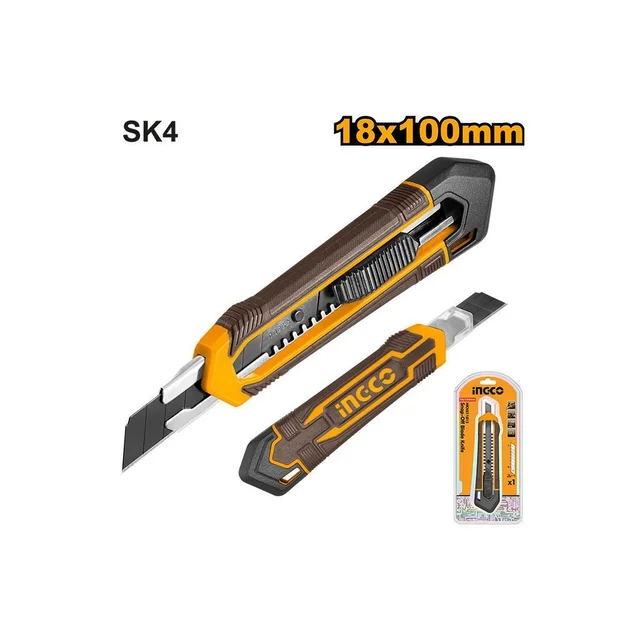 INGCO HKNS11815 18mm Snap-Off Blade Knife | 179mm Utility Cutter | SK4 Blade | Flat Push Button