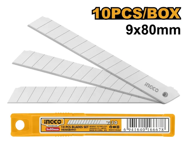 INGCO HKNSB0901 10-Piece 9mm Knife Blade Set | 9x80mm Snap-Off Replacement Blades | Utility Cutter Blades