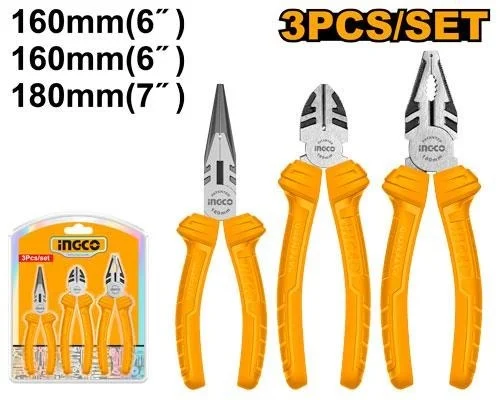 INGCO HKPS08311 3-Piece Pliers Set | 7" Combination, 6" Long Nose & 6" Diagonal Cutting Pliers