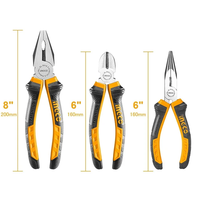 INGCO HKPS08318 3-Piece Pliers Set | 8" Combination, 6" Long Nose & 6" Diagonal Cutting Pliers