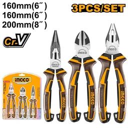 INGCO HKPS28318 3-Piece Pliers Set | 8" Combination, 6" Long Nose & 6" Diagonal Cutting Pliers | Cr-V Steel