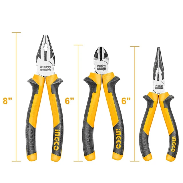 INGCO HKPS28318 3-Piece Pliers Set | 8" Combination, 6" Long Nose & 6" Diagonal Cutting Pliers | Cr-V Steel
