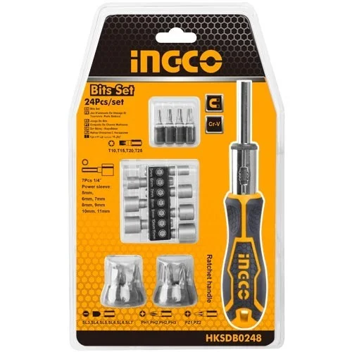 INGCO HKSDB0248 24-Piece Screwdriver Set | 16 Bits | 7 Power Sockets | Ratchet Handle | SL, PH, PZ & Torx