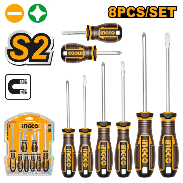 INGCO The INGCO HKSDS0828 8-Piece S2 Screwdriver Set is a versatile hand tool kit designed for fastening and loosening compatible Phillips and slotted screws. Featuring durable S2 steel round-shank screwdrivers in 38mm, 75mm, 100mm, and 150mm lengths, the set provides different sizes for precision work, general maintenance, assembly, and repair applications.
