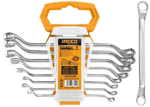 INGCO HKSPA3088 8-Piece Offset Ring Spanner Set | 6-22mm | Fine Polished | Metric Wrench Set