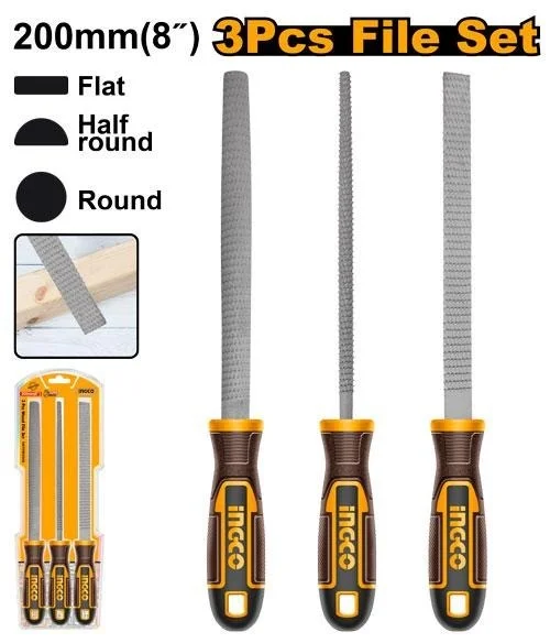 INGCO HKTFW0308 3-Piece Wood File Set | 8"/200mm Flat, Half Round & Round Files | Woodworking Tools