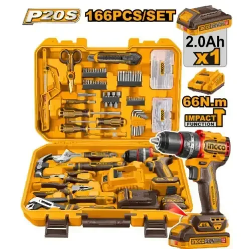 INGCO HKTHP41662 20V Cordless Impact Drill Kit | CIDLI206681 Impact Drill with 2.0Ah Battery & Charger | Includes Hammer and Screwdriver Set