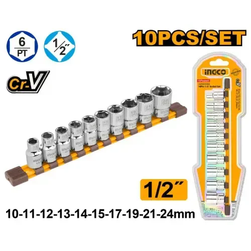 INGCO HKTS12103 10-Piece 1/2" Socket Set | 10-24mm Cr-V Sockets | Mirror Polish | Heat Treated & Chrome Plated