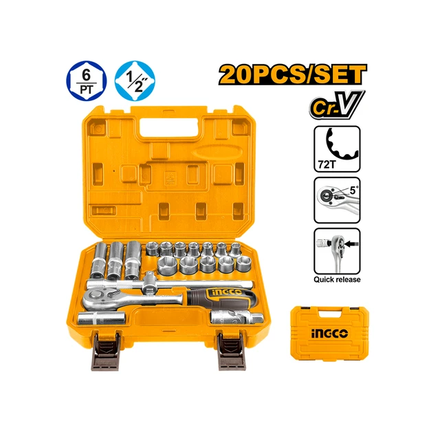 INGCO HKTS12201 20-Piece 1/2" Socket Set | 45T Ratchet | 10-24mm Sockets | Spark Plug Socket & Extensions
