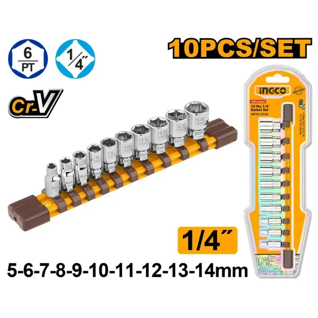 INGCO HKTS14103 10-Piece 1/4" Socket Set | 5-14mm Cr-V Sockets | Mirror Polish | Heat Treated & Chrome Plated