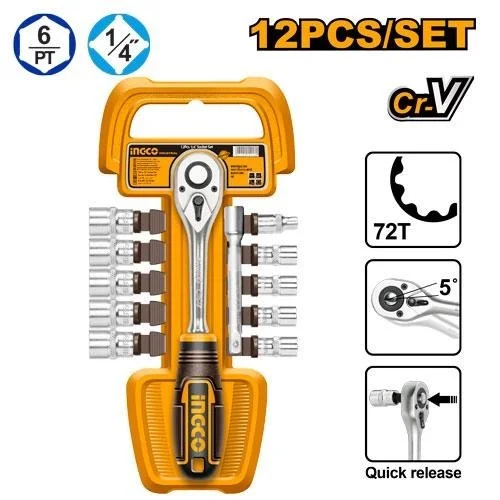 INGCO HKTS14122 12-Piece 1/4" Socket Set | 5-14mm Cr-V Sockets | 45T Quick Release Ratchet | 100mm Extension Bar