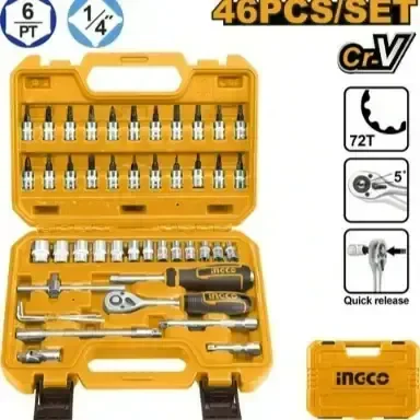 INGCO HKTS14462 46-Piece 1/4" Socket Set | 72T Quick Release Ratchet | 4-14mm Sockets | Bit Sockets & Extensions