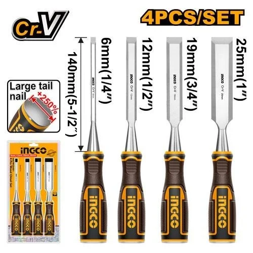 INGCO HKTWC0401 4-Piece Wood Chisel Set | Cr-V Steel | 6, 12, 19 & 25mm | 140mm Woodworking Chisels