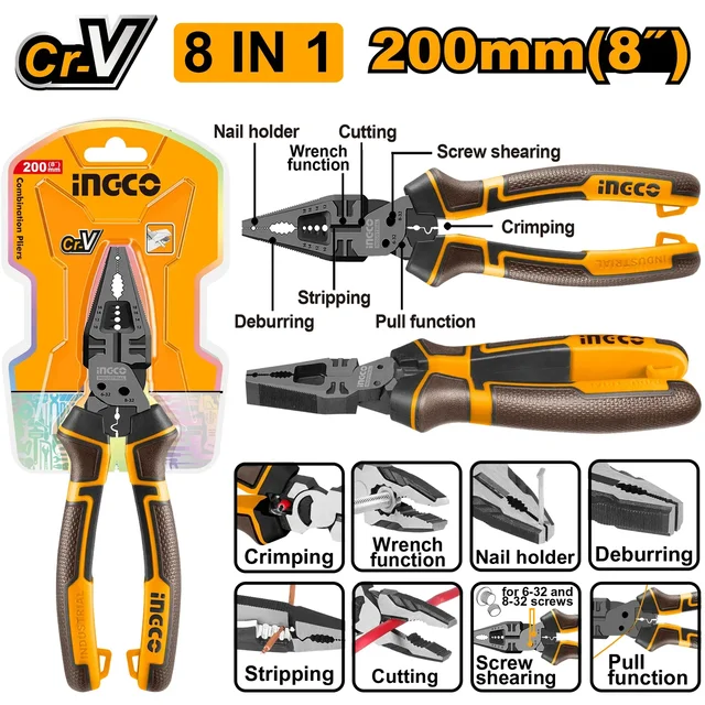 INGCO HMFCP28200 8-In-1 Multi-Function Combination Pliers | 8"/200mm | Cr-V Steel | Teflon Coating | TPR Handle