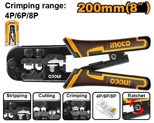 INGCO HMPCN2468R 8" Ratchet Modular Plug Crimper | 4P 6P 8P Network & Telephone Cable Tool | Crimp, Strip & Cut