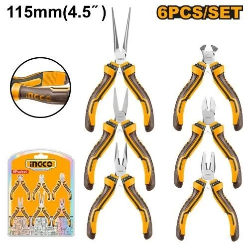 INGCO HMPS06115 6-Piece Mini Pliers Set | 4.5" 115mm | Combination, Cutting, Long Nose & Needle Nose Pliers