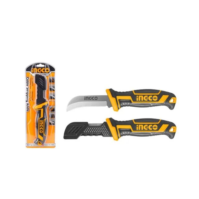 INGCO HPK82001 200mm Cable Stripping Knife | Curved Stainless Steel Blade | Protective Cover | Cable & Wire Stripper