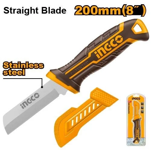 INGCO HPK82101 200mm Cable Stripping Knife | Straight Stainless Steel Blade | Protective Cover | Electrical Hand Tool
