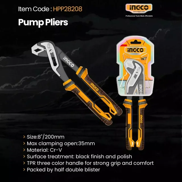 INGCO HPP28208 8" Pump Pliers | 200mm Cr-V Adjustable Pliers | 35mm Max Jaw Opening | TPR Comfort Grip