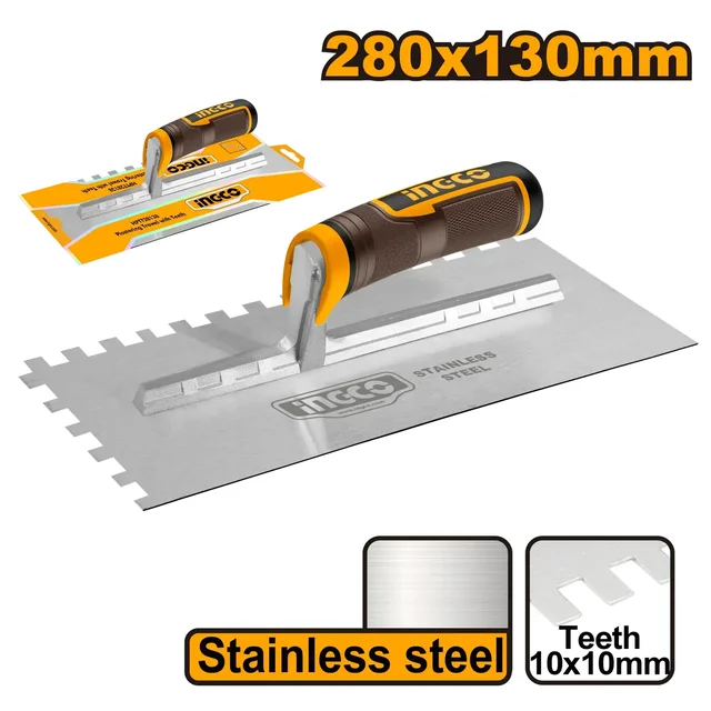 INGCO HPTT28138 280x130mm Notched Plastering Trowel | 10x10mm Teeth | Stainless Steel | Ergonomic Handle