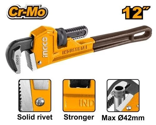 INGCO HPW0812 12 Inch Pipe Wrench | 300mm | 42mm Max Clamping Diameter | Drop-Forged Carbon Steel Jaw