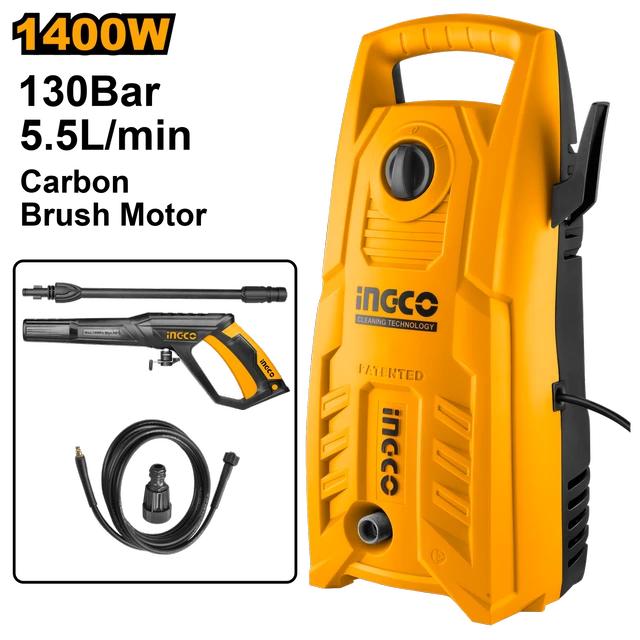 INGCO HPWR14008 1400W High Pressure Washer | 130 Bar 1900 PSI | 5.5L/min Flow Rate | Copper Wire Motor | Auto Stop System | 5m High Pressure Hose