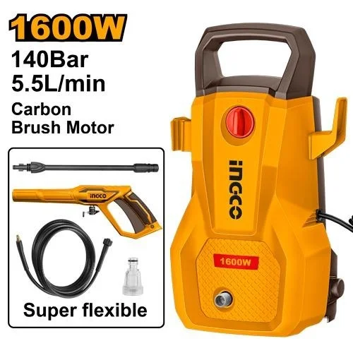 INGCO HPWR16008 1600W High Pressure Washer | 140 Bar 2030 PSI | 5.5L/min Flow Rate | Pure Copper Wire Motor | Auto Stop System | 5m Flexible Hose