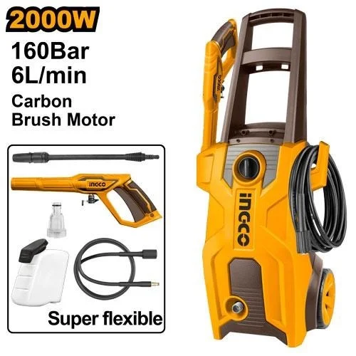 INGCO HPWR20018 2000W High Pressure Washer | 160 Bar 2320 PSI | 6.0L/min Flow Rate | Pure Copper Wire Motor | Auto Stop System | 5m Flexible Hose