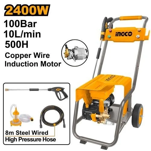 INGCO HPWR30018 2400W High Pressure Washer | 100 Bar 1450 PSI | 10L/min Flow Rate | Copper Pump | Induction Motor | 8m Steel-Wired Hose | 4 Nozzles