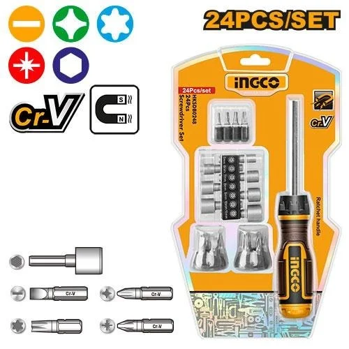 INGCO HKSDB0248 24-Piece Screwdriver Set | 16 Bits | 7 Power Sockets | Ratchet Handle | SL, PH, PZ & Torx