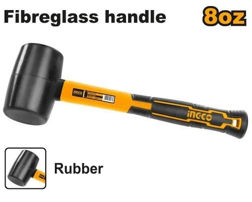 INGCO HRUH8208 8oz Rubber Hammer 220g | Fiberglass Handle | Non-Marring Non-Spark Faces | Protective Hammer
