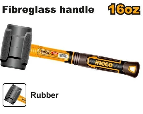 INGCO HRUH8816 16oz Rubber Hammer 450g | Fiberglass Handle | Non-Marring & Non-Spark Faces | Workpiece Protection