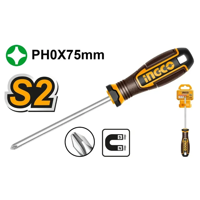 INGCO HSDPH0075 PH0 Phillips Screwdriver | 75mm Magnetic Tip | 3mm Round Shank | Ergonomic Three-Color Handle