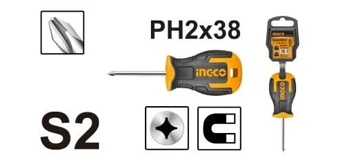 INGCO INGCO HS68PH2038 PH2 Phillips Screwdriver | 38mm S2 Steel Blade | 6mm Round Shank | Compact Screwdriver