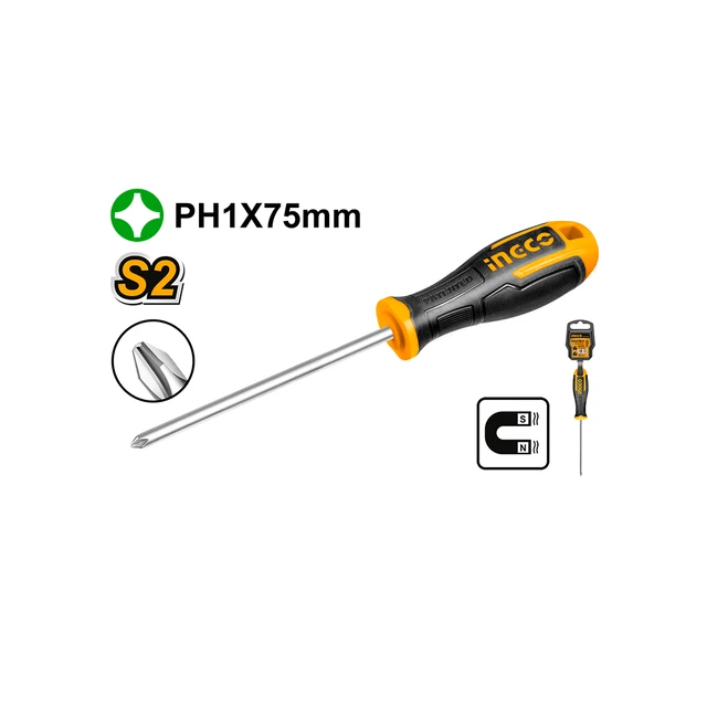 INGCO HS68PH1075 PH1 Phillips Screwdriver | 75mm S2 Steel Blade | 5mm Round Shank | Professional Screwdriver