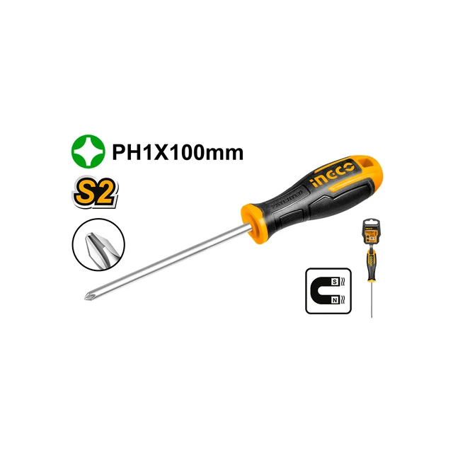 INGCO HS68PH1100 PH1 Phillips Screwdriver | 100mm S2 Steel Blade | 5mm Round Shank | Professional Screwdriver
