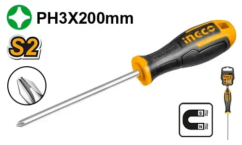 INGCO HS68PH3200 PH3 Phillips Screwdriver | 200mm S2 Steel Blade | 8mm Round Shank | Long Reach Screwdriver