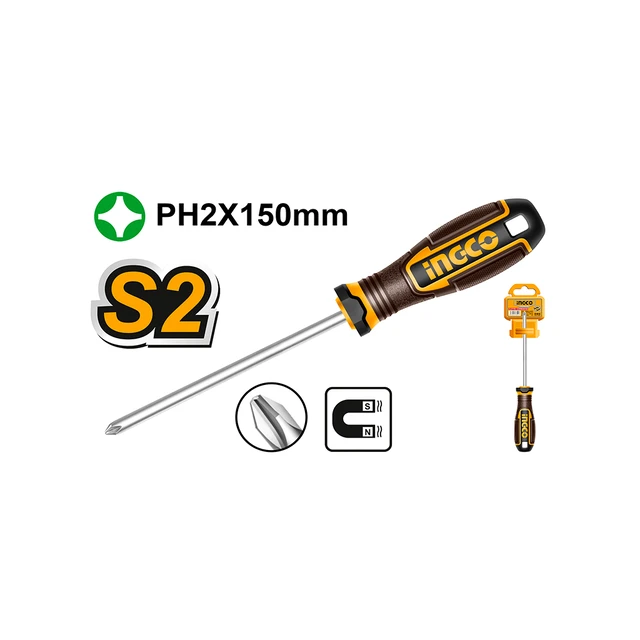 INGCO HSDPH2150 PH2 Phillips Screwdriver | 150mm Magnetic Tip | 6mm Round Shank | Strong Magnetic | Ergonomic Handle