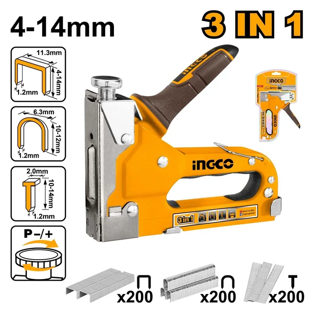 INGCO HSG1405 3-in-1 Staple Gun | Adjustable Driving Force | Staples, U-Staples & Brad Nails | 4-14mm
