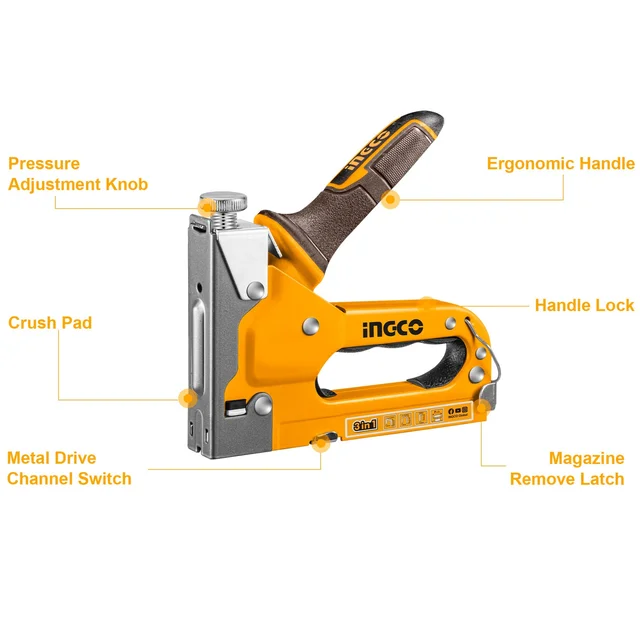 INGCO HSG1405 3-in-1 Staple Gun | Adjustable Driving Force | Staples, U-Staples & Brad Nails | 4-14mm