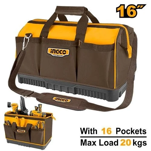 INGCO HTBG08 16" Heavy Duty Tool Bag | 20kg Max Load | 1680D Polyester | Reinforced Plastic Base | Internal Pockets | Adjustable Shoulder Strap
