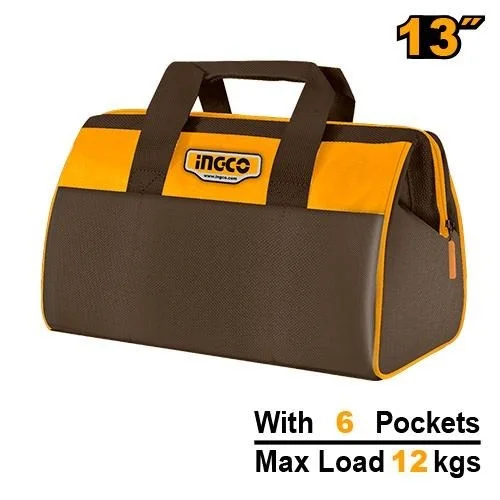 INGCO HTBG281328 13" Tool Bag | 12kg Max Load | 6 External Pockets | Rigid Frame | 33x21x18cm | Heavy Duty Tool Storage Bag