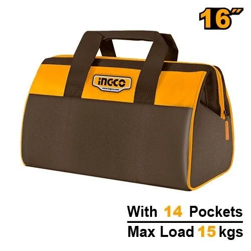 INGCO HTBG281628 16" Tool Bag | 15kg Max Load | 14 Pockets | Rigid Frame | 41x29x21cm | Heavy Duty Tool Storage Bag