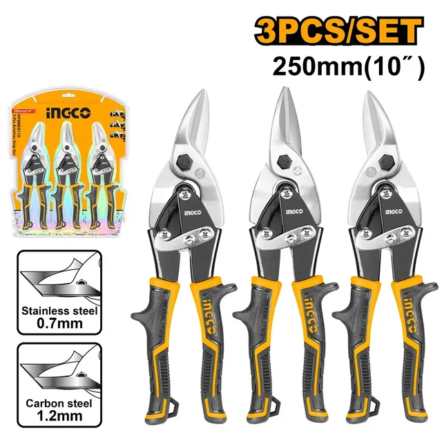 INGCO HTSNK0110 3-Piece Aviation Snip Set | 10" 250mm | Left, Straight & Right Cut | 1.2mm Carbon Steel