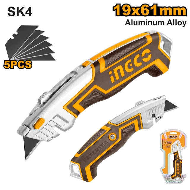 INGCO HUK6118 Utility Knife | 180x45mm | 61x19mm SK5 Blade | 5 Replacement Blades