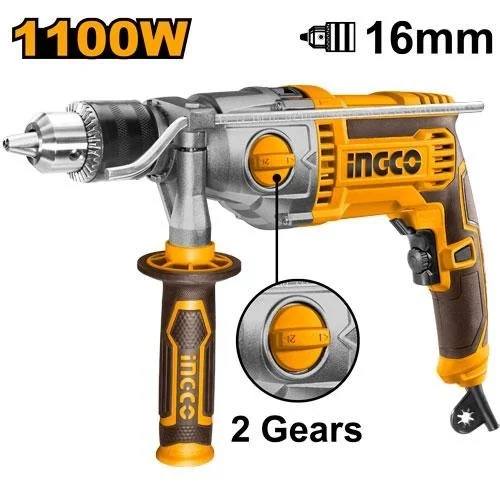 INGCO ID211008 1100W 2-Speed Impact Hammer Drill | 0-1200/3000 RPM | 16mm Drilling Capacity | Variable Speed | Hammer Function | Aluminum Gearbox