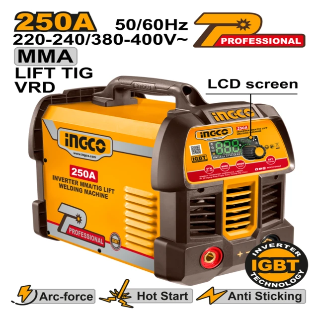 INGCO ING-MMA25089 IGBT Inverter Welding Machine | 250A MMA Welder | Single/Three Phase | 30-250A Output | LCD Screen | Lift TIG | VRD Function